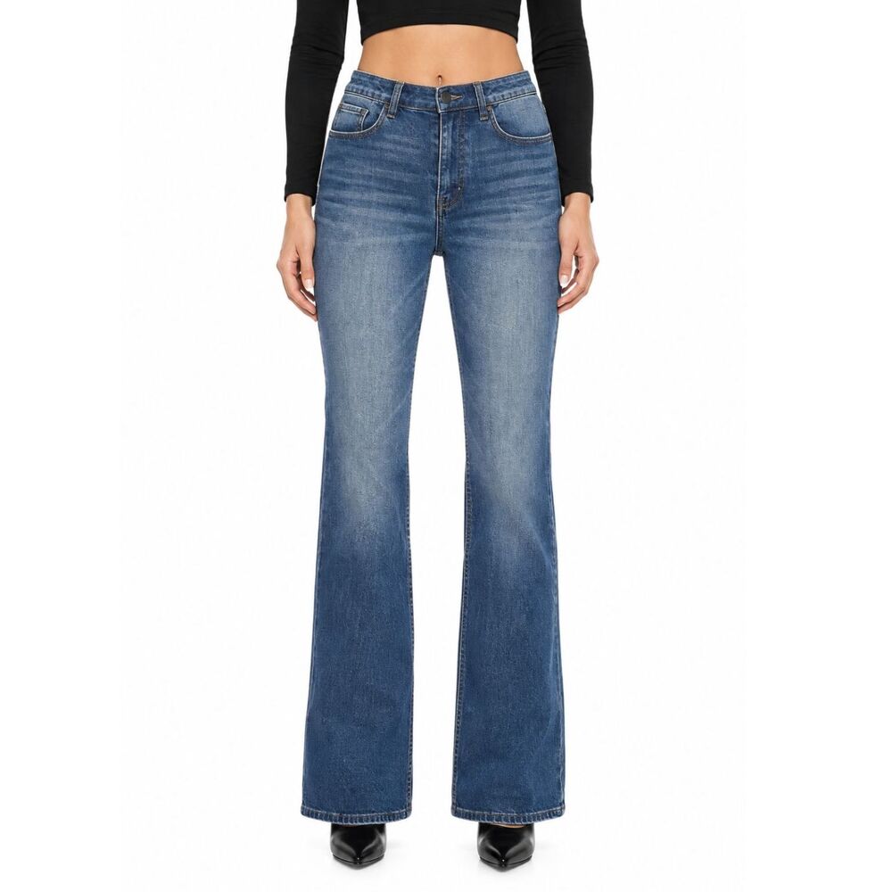 CANANA Women's High-Waisted Leopard Print Flare Jeans Size 28 Dark Blue